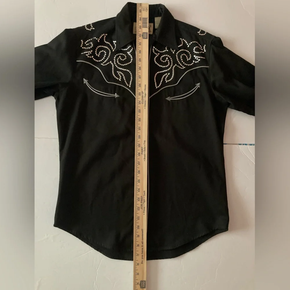 Roper Mens SZ S Black Western long sleeve,silver studded scroll design. - Picture 10 of 11